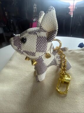 Mini Damier Azur inspired Puppy Bag Charm with Gold Hardware